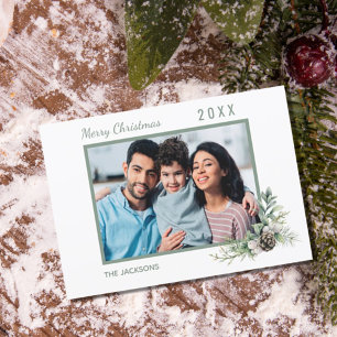 Kerst familiefoto witte kegel dennenboom modern feestdagenkaart