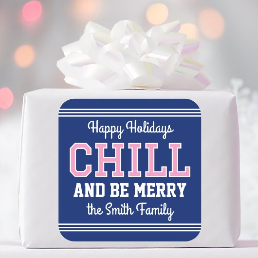 Kerst Familienaam Typografie Navy Pink Vierkante Sticker
