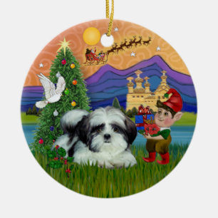 Kerst Fantasie - Shih Tzu (zwart-wit) Keramisch Ornament