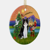Kerst Fantasie - Zwart-witte Tuxedo kat Keramisch Ornament (Rechts)