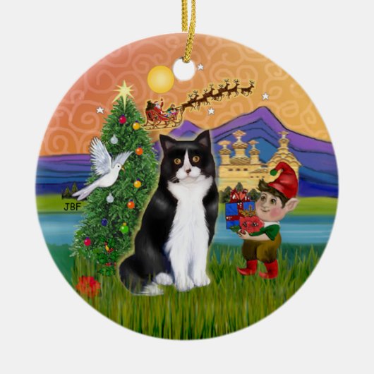 Kerst Fantasie - Zwart-witte Tuxedo kat Keramisch Ornament (Voorkant)