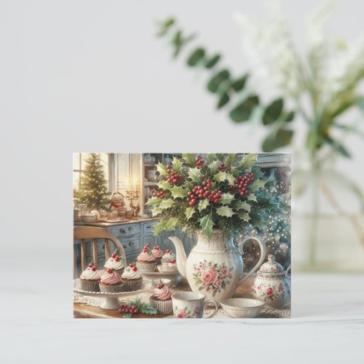 Kerst Farmhouse Theepartij Ansichtkaart Briefkaart (Staand voorkant)