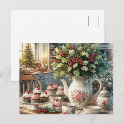 Kerst Farmhouse Theepartij Ansichtkaart Briefkaart (Voorkant / Achterkant)