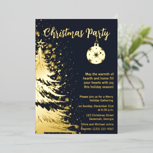 Kerst Feest Uitnodiging Diep blauw en goud (Staand Voorkant)