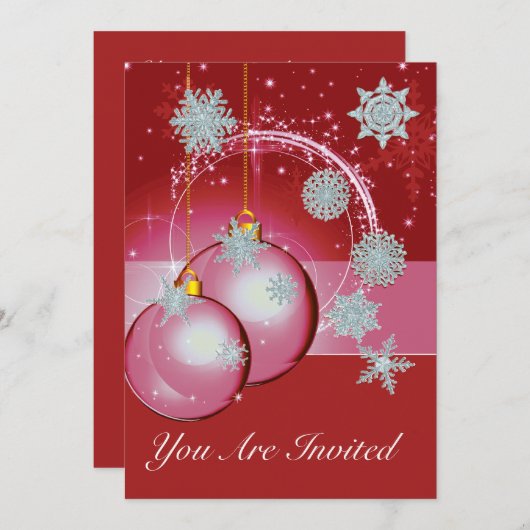 Kerst Feest Uitnodiging Rood, ornament sneeuwvlok (Voorkant / Achterkant)