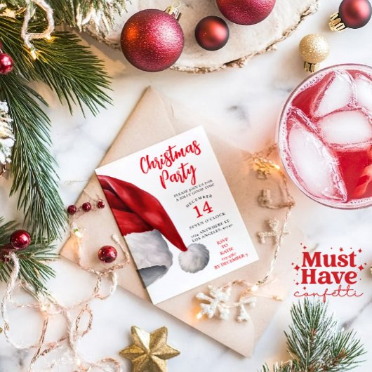 Kerst Feest Uitnodiging Waterverf Santa Hat