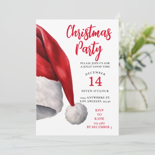 Kerst Feest Uitnodiging Waterverf Santa Hat (Staand voorkant)