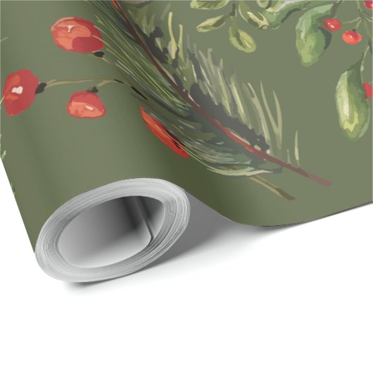 Kerst Feestdagen bessen groen botanisch Cadeaupapier (Rol Hoek)