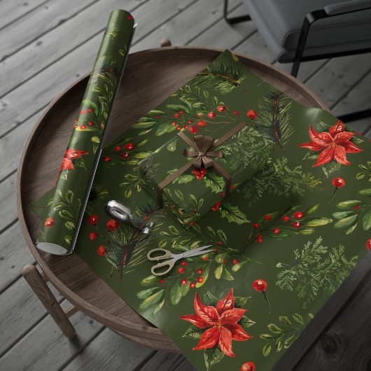 Kerst Feestdagen bessen groen botanisch Cadeaupapier