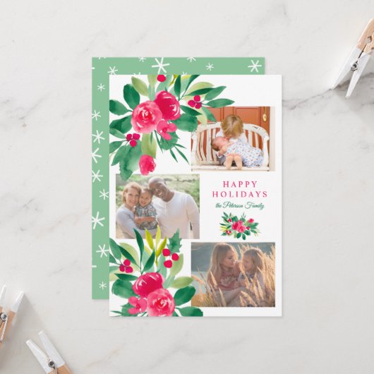 Kerst feestdagen Bloemen waterverf 3 foto's Sneeuw Kaart (Voorkant / Achterkant in situ)