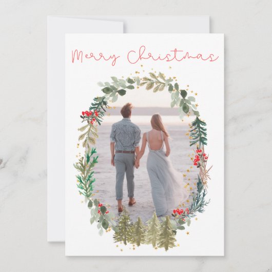 Kerst Feestdagen Foto Waterverf Bloemen krans Feestdagenkaart (Voorkant)