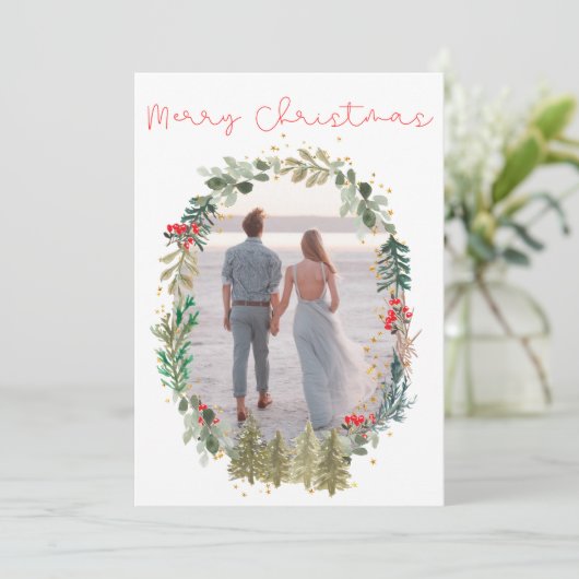Kerst Feestdagen Foto Waterverf Bloemen krans Feestdagenkaart (Staand voorkant)