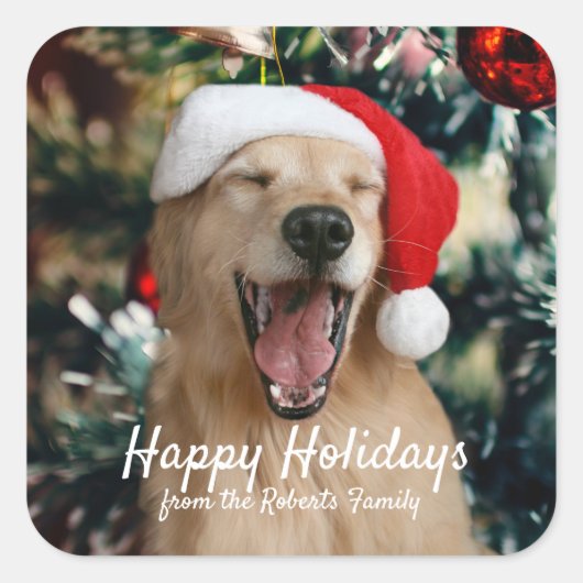 Kerst Feestdagen Golden Retriever Aangepaste naam Vierkante Sticker (Voorkant)