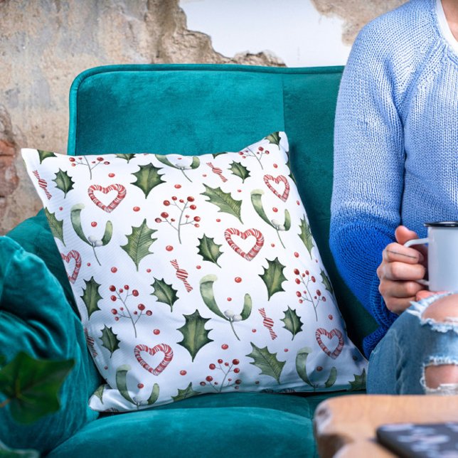 Kerst Feestdagen Mistletoe Holly Candy Canes Kussen (Creator heeft geüpload)