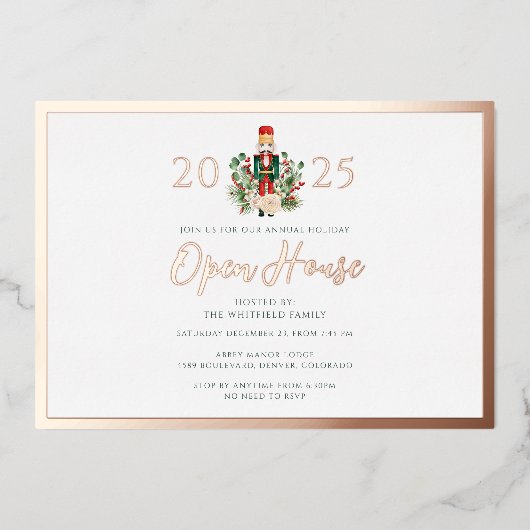 Kerst Feestdagen Open Huis Party Roos Gold Folie Uitnodiging (Voorkant)