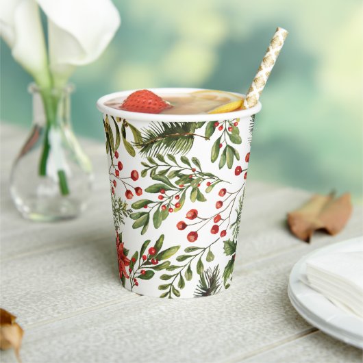 Kerst Feestdagen Pine Red Berries Botanisch Papieren Bekers (Insitu)