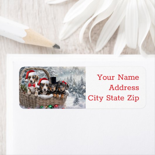Kerst Feestdagen Retourlabels Teckel Puppies Etiket (Insitu)