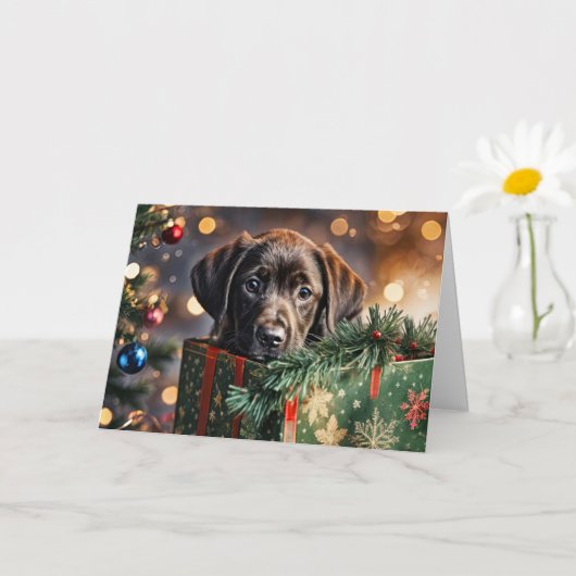 Kerst Feestdagen Schattigee Chocolade Labrador Pup Kaart (Kleine Plant)