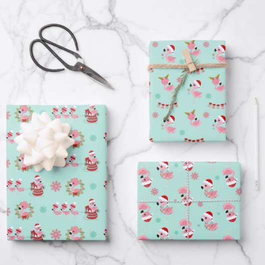 Kerst Feestelijk Flamingo patroon op Groen Inpakpapier Vel (Voorkant)