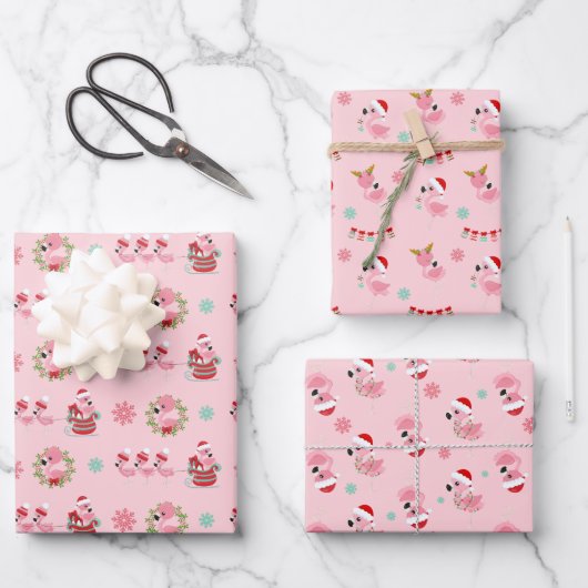 Kerst Feestelijk Flamingo patroon op Roze Inpakpapier Vel (Voorkant)