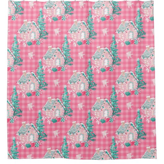 Kerst Feestelijk Roze Gingerbread House Douchegordijn (Voorkant)