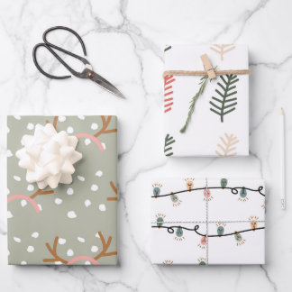 Kerst Feestelijke Bloemen en Lichten Set van 3 Inpakpapier Vel