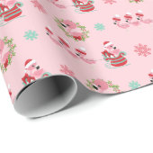 Kerst Feestelijke Flamingo's met Sleigh op Roze Cadeaupapier (Rol Hoek)