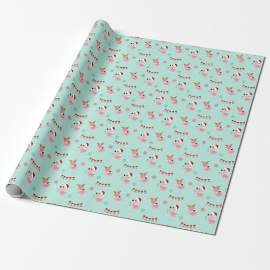 Kerst Feestelijke Flamingo's op Groen Cadeaupapier (Uitgerold)