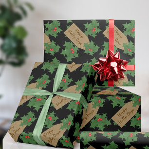 Kerst Feestelijke Hulst Bes Zwart Kerstmis Cadeaupapier