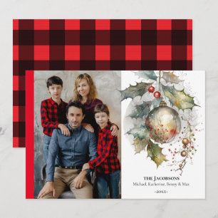 Kerst Feestelijke Red Gold Holly Ornament Feestdagenkaart