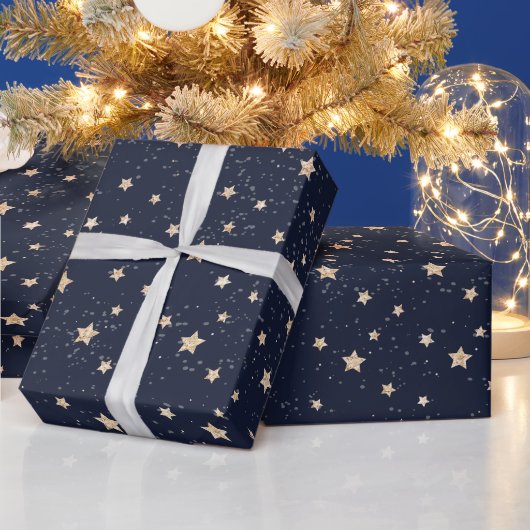 Kerst feestelijke sterren sneeuw goud blauw patroo cadeaupapier (Feestdagen)