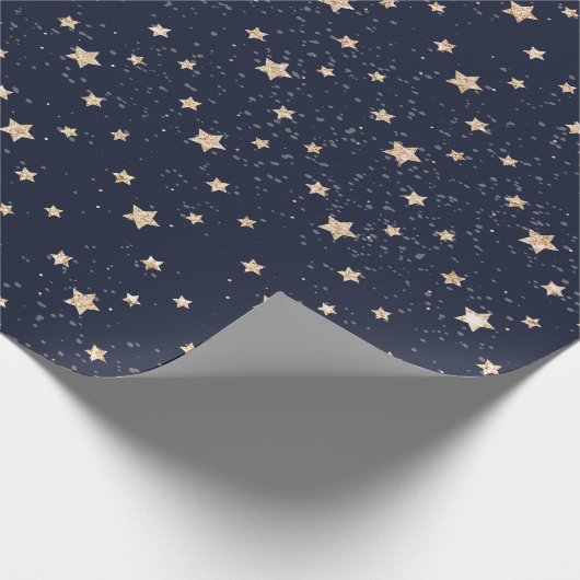 Kerst feestelijke sterren sneeuw goud blauw patroo cadeaupapier (Hoek)