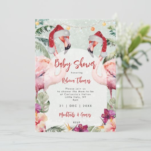 kerst flamingo baby shower uitnodiging (Staand voorkant)