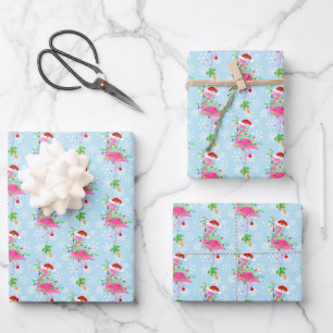 Kerst Flamingo Patroon Blauw Inpakpapier Vel