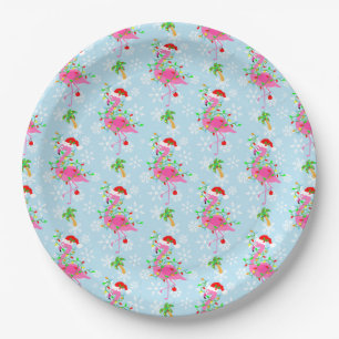 Kerst Flamingo Patroon Blauw Papieren Bordje