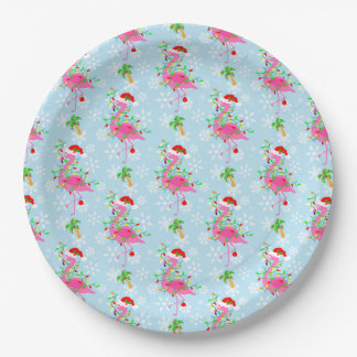 Kerst Flamingo Patroon Blauw Papieren Bordje