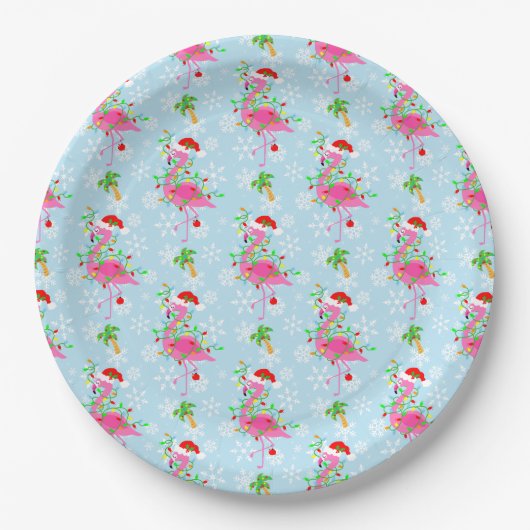 Kerst Flamingo Patroon Blauw Papieren Bordje (Voorkant)