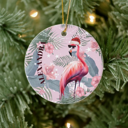Kerst Flamingo Santa Hoed Tropisch Keramisch Ornament (Boom)