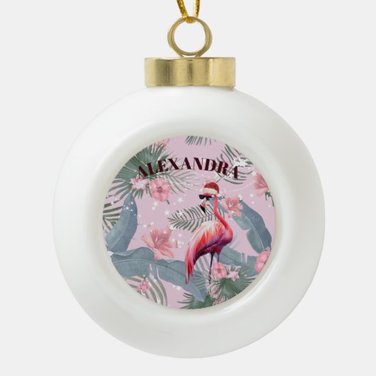 Kerst Flamingo Santa Hoed Tropisch Keramische Bal Ornament (Voorkant)