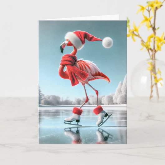 Kerst Flamingo schaatsen Kaart (Gele Bloem)