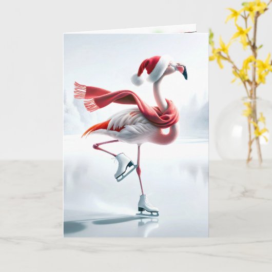 Kerst Flamingo schaatsen Kaart (Gele Bloem)
