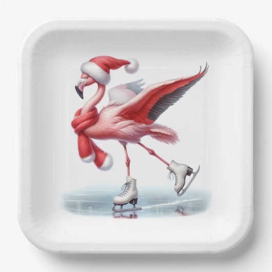 Kerst Flamingo schaatsen Papieren Bordje (Voorkant)