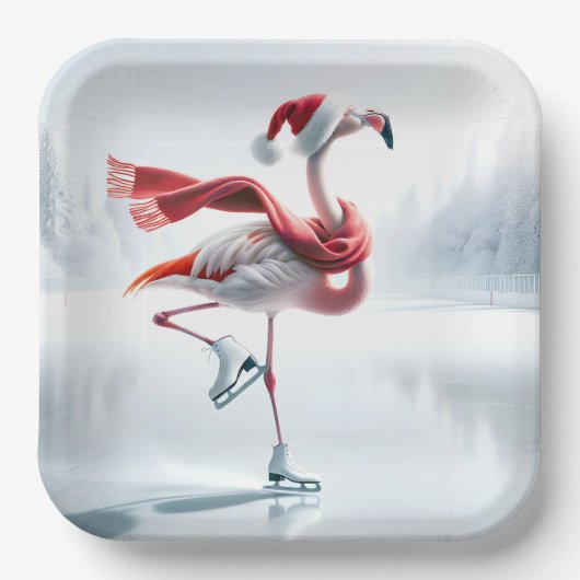 Kerst Flamingo schaatsen Papieren Bordje (Voorkant)