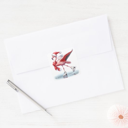 Kerst Flamingo schaatsen Vierkante Sticker (Envelop)