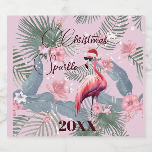 Kerst Flamingo Tropisch Persoonlijk Sparkling Wijnetiket (Enkel label)