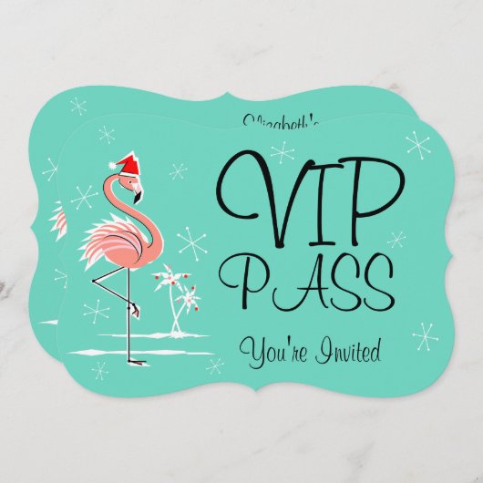 Kerst Flamingo 'VIP PASS' uitnodigingsbeugel Kaart (Voorkant / Achterkant)