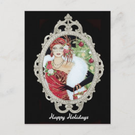 Kerst Flapper Girl Schitterende Rode & Gouden Jurk Briefkaart