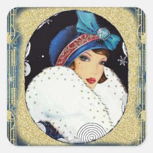 Kerst Flapper Meisje Grote Witte Bontjas Vierkante Sticker