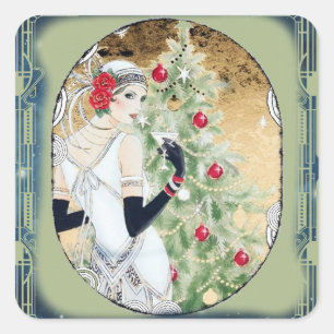 Kerst Flapper Meisje Met Drank en Boom Vierkante Sticker
