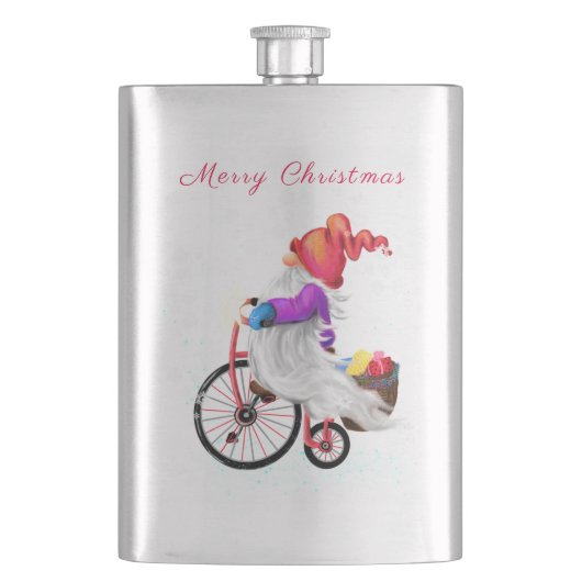 Kerst Flask Gelukkige Gnome met fiets en Gift Flacon (Voorkant)
